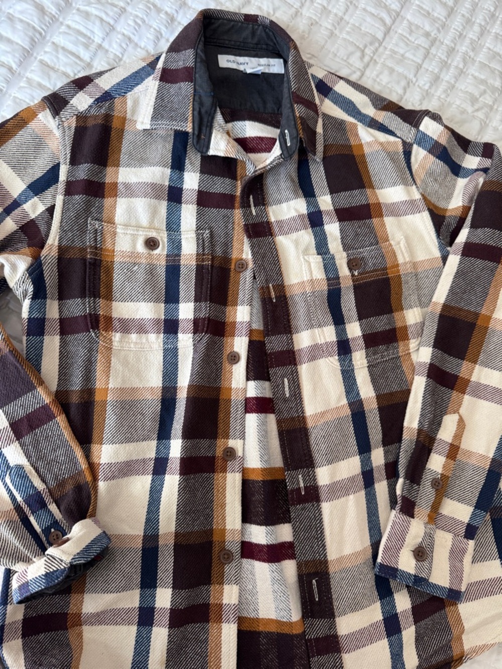Old Navy Plaid Shacket in Cream, Brown & Blue